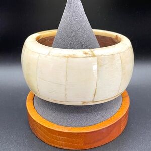 Vintage Chunky 70's Bone Over Wood Base Bangle Bracelet 2 3/4" across